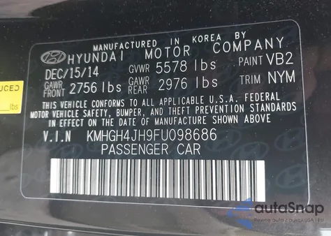 2015 Hyundai Equus Signature from USA, damaged, VIN KMHGH4JH9FU098686
